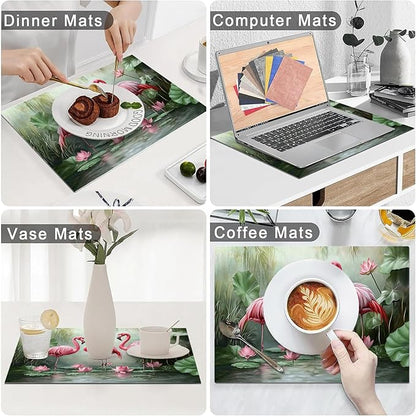 Flamingo Placemats Set of 6, Flamingo Tropical Flowers Place Mats, Wildlife Waterproof Washable Table Mats for Home Party Indoor Kitchen Dining Table Decoration 12x18 Inch