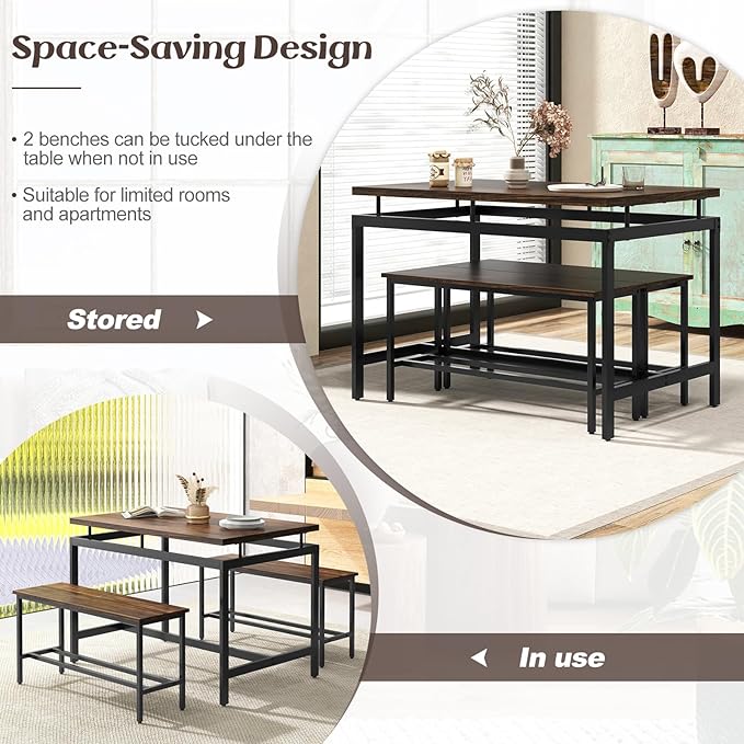 Giantex Kitchen Table Chairs Set of 3 - Dining Table Set for 4 with 2 Benches, Metal Frame, Space-Saving Dinette Table Set for 4, Small Places Breakfast Nook Table Set, Kitchen Table Set, Brown