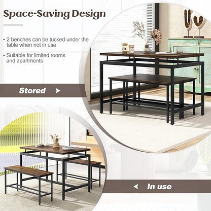 Giantex Kitchen Table Chairs Set of 3 - Dining Table Set for 4 with 2 Benches, Metal Frame, Space-Saving Dinette Table Set for 4, Small Places Breakfast Nook Table Set, Kitchen Table Set, Brown