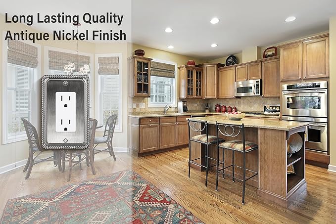 Henne Bery Rope Edge Decorative Wall Plate Switch Plate Outlet Cover (Single Decorator, 2 Pack, Heirloom Silver)