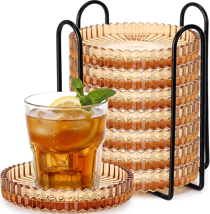 8 Pcs Glass Coasters with Holder Clear Drink Coasters Crystal Round Beverage by Remerry