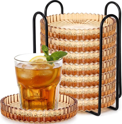 8 Pcs Glass Coasters with Holder Clear Drink Coasters Crystal Round Beverage by Remerry