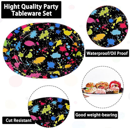 Grencian 50Pcs Neon Party Supplies 10" X 12" Large Heavy Duty Neon Glow Oval Paper Plates Colorful Graffiti Birthday Decorations for Baby Shower Birthday Glow in the Dark Theme Parties