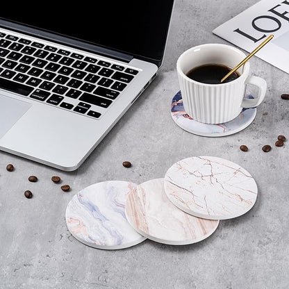 Hoewina 6Pcs Drink Coasters with Holder, Marble Style Ceramic Drink Coaster, Absorbent Coasters Set Suitable for Kinds of Cups, Modern Style Coasters for Coffee Table, 4 Inches（Blue Marble Style）
