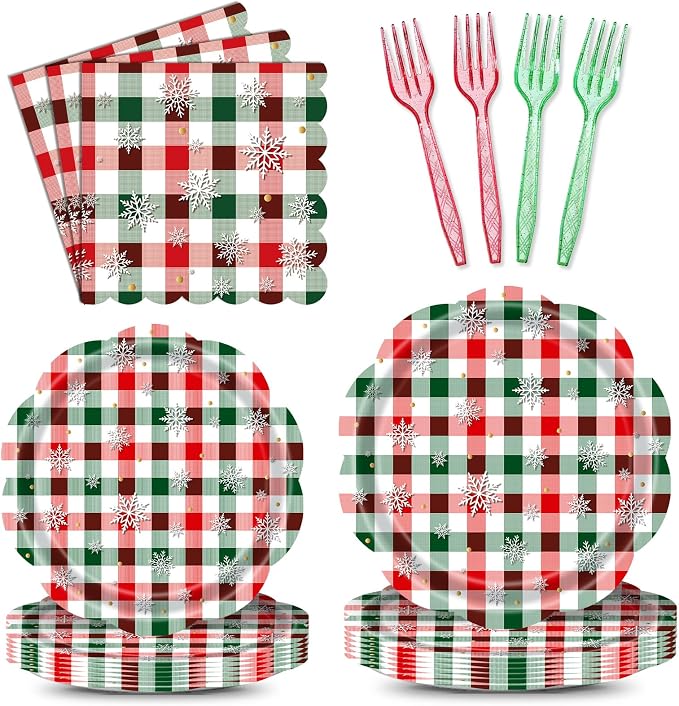 96 Pieces Christmas Plaid Tableware Set – Red and Green Checkered Disposable by GistomeHome
