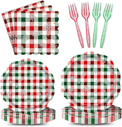 96 Pieces Christmas Plaid Tableware Set – Red and Green Checkered Disposable by GistomeHome