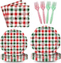96 Pieces Christmas Plaid Tableware Set – Red and Green Checkered Disposable by GistomeHome