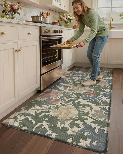 Color&Geometry Floral Kitchen Mat 24"x87", Anti Fatigue Kitchen Mats for Floor, Kitchen Rugs Non Slip, Waterproof & Oil Proof Padded Runner for Standing Desk Office, Sink - Floral Beige