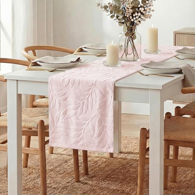 Artoid Mode Pink Soft 3D Jacquard Leaves 100%Cotton Spring Table Runner - Image 3