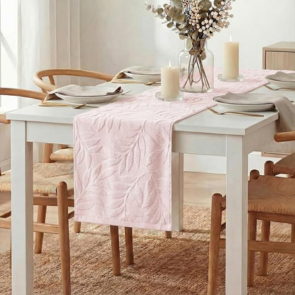 Artoid Mode Pink Soft 3D Jacquard Leaves 100%Cotton Spring Table Runner - Image 3