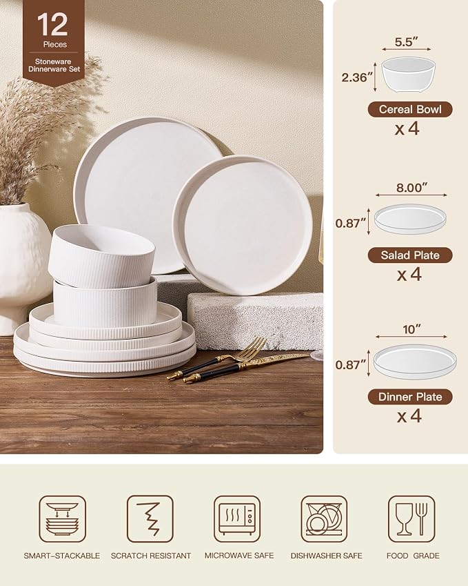 Stoneware Dinnerware Set for 4, Matte White Reactive Glaze | 12 pcs Ceramic - Image 7