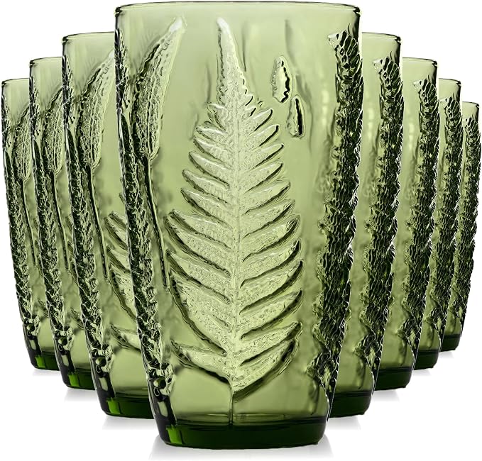 Green Drinking Glasses Set of 8, 16 oz Glass Cups, Vintage Fern Glassware | by QELVIO