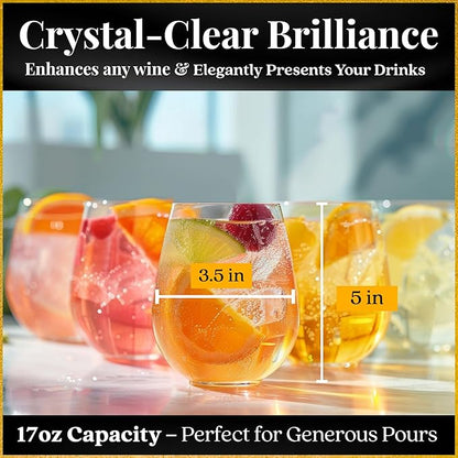 Improved Design of Our 2017 New York Times Best Stemless Glass – Set of 6 European-Made Stemless Wine Glasses, Reinforced Base for Added Stability & Premium Feel, Dishwasher-Safe, Lead-Free, 17 oz.
