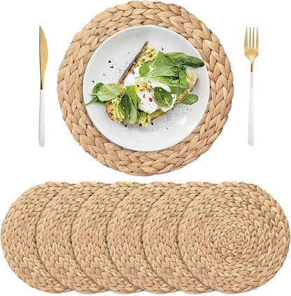 6 Pack 11.8" Woven Placemats, Natural Hand-Woven Water Hyacinth Placemats, Round Braided Rattan Tablemats for Dining Table, Large Weave Round Place Mats Heat Resistant Non-Slip Table Mats, 11.8 Inch