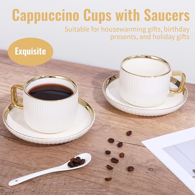 8.5oz Cappuccino Cups with Saucers Set of 6, Ceramic Coffee Cup and Saucer with - Image 6
