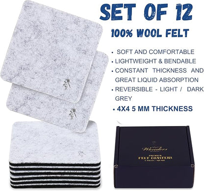 A&A Wonders Premium Felt Coasters for Drink, Two-Tone Reversible, Absorbent Felt Protects Furniture, Table, Anti Slip, Suitable for Drinks & All Table Types (Light Gray/Dark Gray, Square 12 Pack)