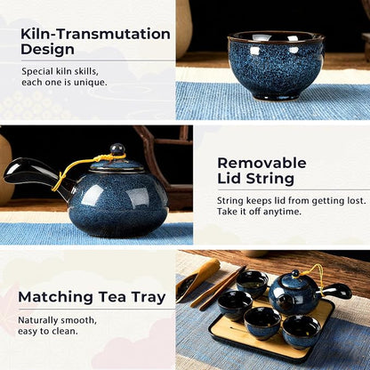 DUJUST Chinese Gongfu Tea Set, Kiln Altered Glaze Porcelain Tea Set - Image 3