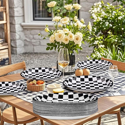 Grencian 50Pcs Black & White Gingham Oval Paper Plates Checkered Party Plates 10" X 12" Disposable 400GSM Race Car Dessert Dinnerware for Racing Car Party Supplies Birthday Baby Shower Decorations