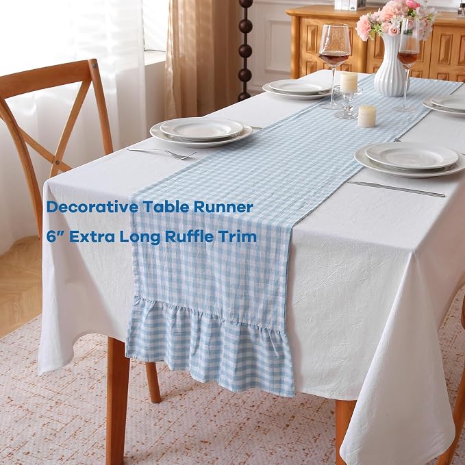 Light Blue White Plaid Gingham Ruffle Table Runner 120 inches Long 100% Washed - Image 3