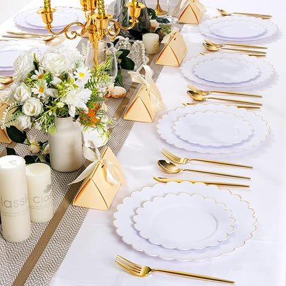 LIYH 60 Pcs Gold White Plastic Plates Scalloped Plastic Holiday Plates Disposable Gold Combo Plate Includes 30 Dessert & 30 Dinner Plate Dishes for Valentine's Day and Mother's Day