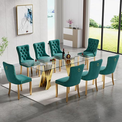 SSLine Modern 70" Glass Dining Table Set for 8, Rectangular, Green, Velvet Upholstered Chairs, 300 lbs Weight Capacity