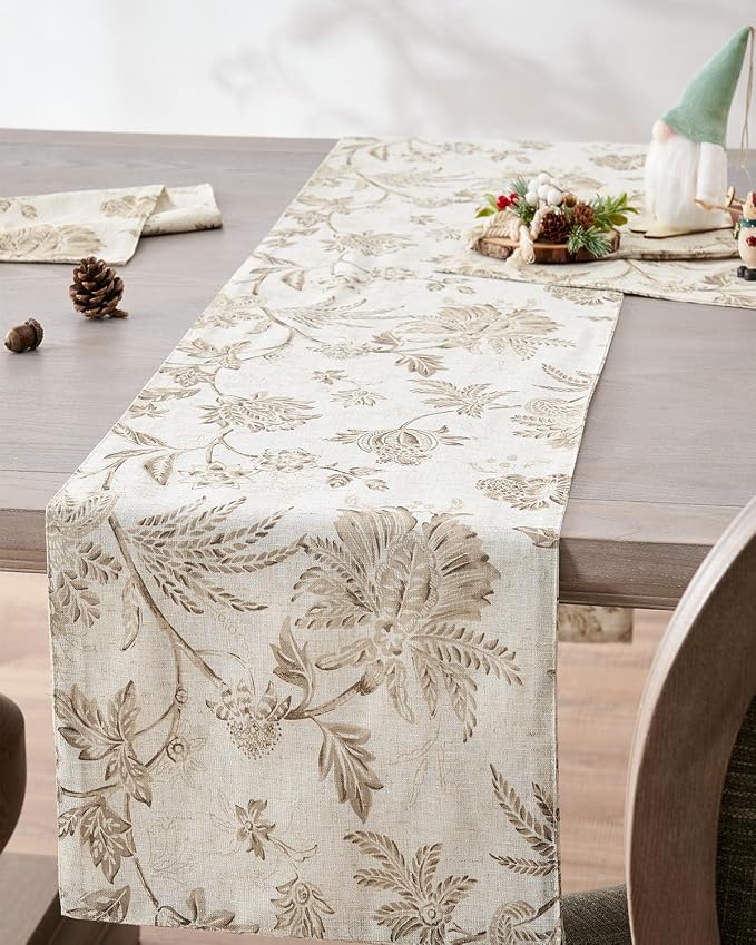 jinchan Taupe Floral Linen Table Runner 13 x 72 Inch Farmhouse | Linen-look - Image 2