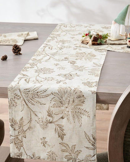 jinchan Taupe Floral Linen Table Runner 13 x 72 Inch Farmhouse | Linen-look - Image 2