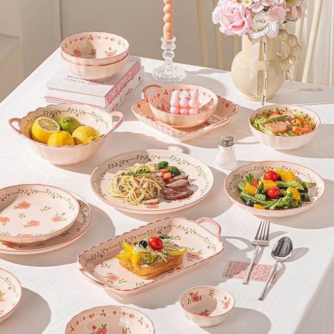 Ceramic Dinnerware Set, Floral Plates and Bowls Sets, Microwave & Dishwasher - Image 6
