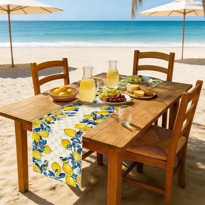 Summer Lemon Bird Table Runner Spring Blue Flowers Burlap Table Runners - Image 2