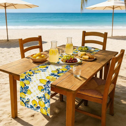 Summer Lemon Bird Table Runner Spring Blue Flowers Burlap Table Runners - Image 2