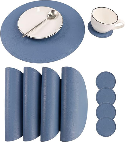 Set of 8 Faux Leather Round Placemats and Coasters, Coffee Mats Kitchen Table by JOVONO