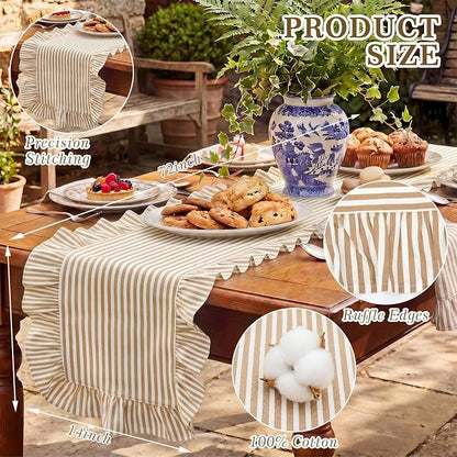HunnmingRe Ruffle Trim Boho Table Runner Farmhouse Rustic Stripes Scalloped - Image 2