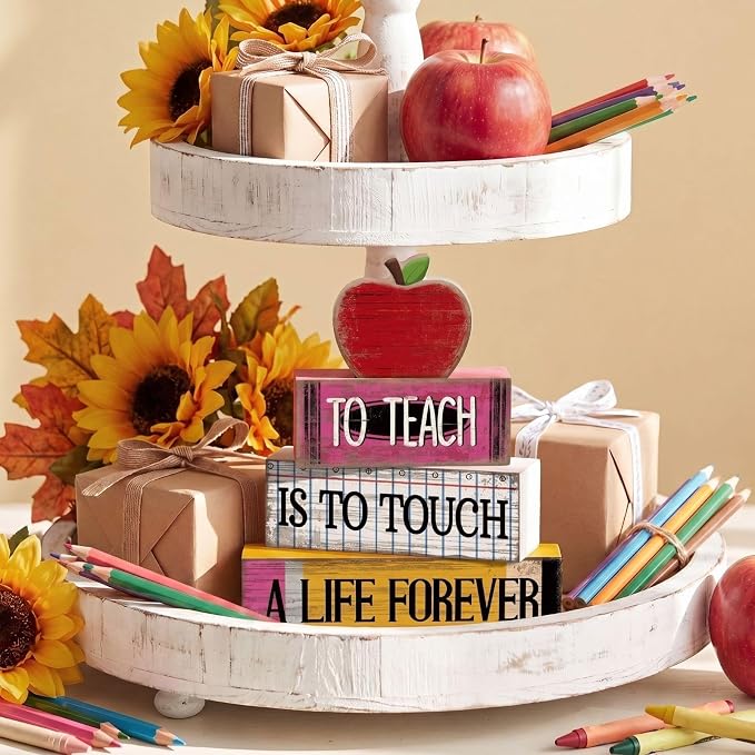 Moucuny 4 Pcs Back to School Table Decorations Retro Red Wooden Apple Decor - Image 6