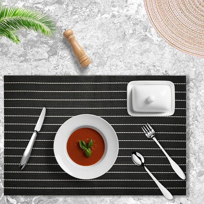 Placemats Set of 4 Vinyl Washable Black White Placemats, 18"x12" Wipeable Heat-Resistant Non-Slip Easy Clean Table Mats Ideal for Dining Table Table Runner and Outdoor (4, Black White Stripe Black)