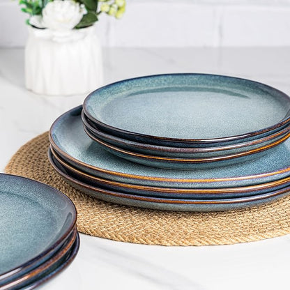AmorArc Ceramic Dinner Plates Set of 6, 10.5 Inch Handmade Reactive Glaze Stoneware Plates, Rustic Shape Dinnerware Dish Set for Kitchen, Microwave & Dishwasher Safe, Scratch Resistant