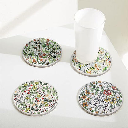 AD Set of 6 Coasters for Drinks Absorbing Round Ceramic Stone Coaster with Cork Base,Tabletop Protection Mat for Mugs and Cups,Office,Kitchen (Bontanicals)