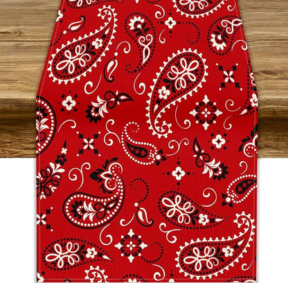 Paisley Table Runner, Boho Vintage Western Red Paisley Flower Print Table Runner by JanJCurt