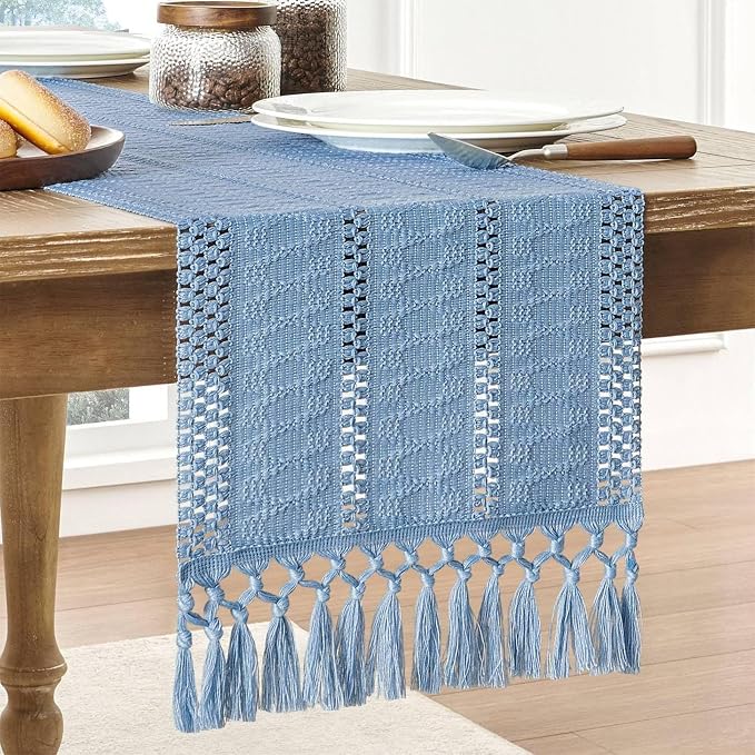 Boho Table Runner for Blue Tassel Home Decor 108 Inches Long, Modern Farmhouse - Image 4
