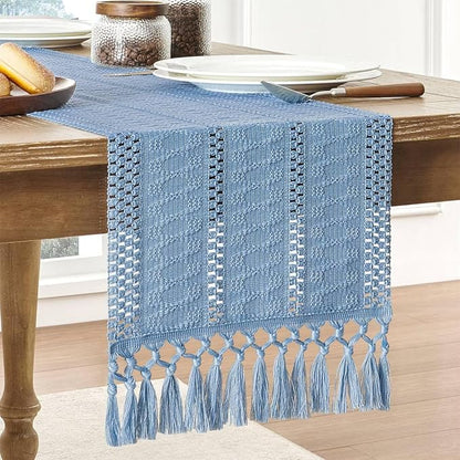 Boho Table Runner for Blue Tassel Home Decor 108 Inches Long, Modern Farmhouse - Image 4