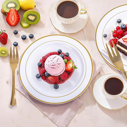 WELLIFE 60 PCS Gold Plastic Dessert Plates and 60 PCS Forks, 6.3 inch Disposable Salad Plates, Premium White Appetizer Plates with Gold Rims, Perfect for Party and Wedding