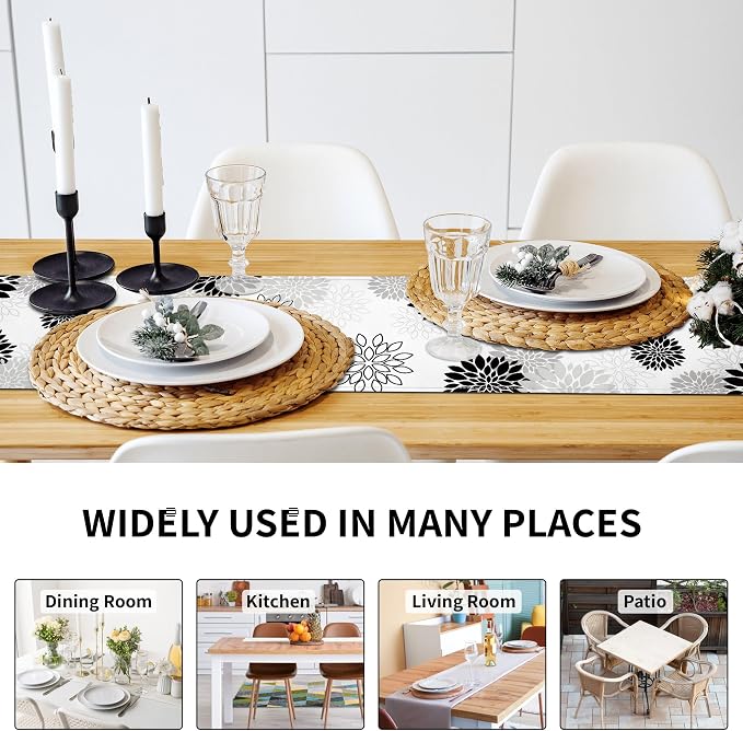 Dahlia Flower Table Runner 13x71 Inch Farmhouse Black Gray Runners Modern Table - Image 3
