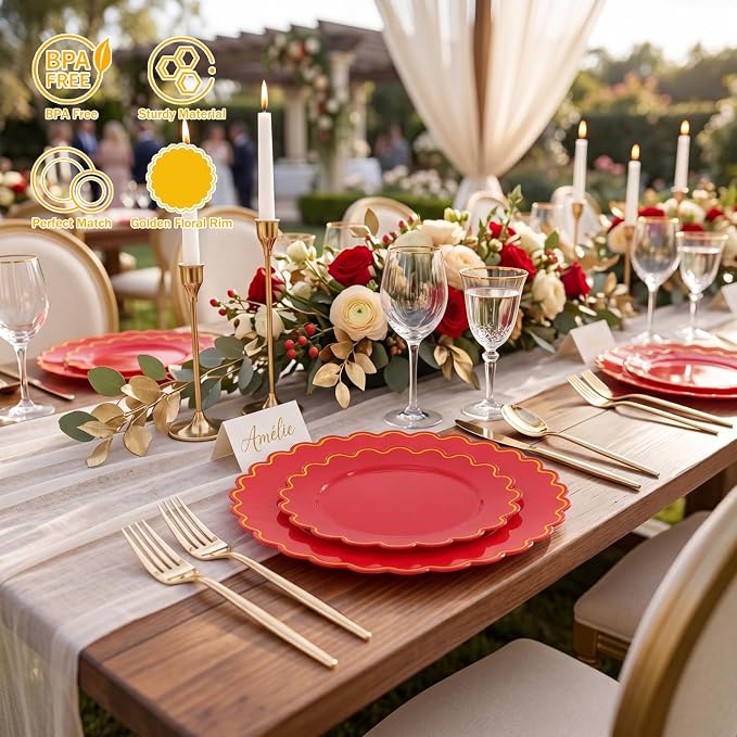 LIYH 100 Red Scalloped Plastic Disposable Plates - Image 3