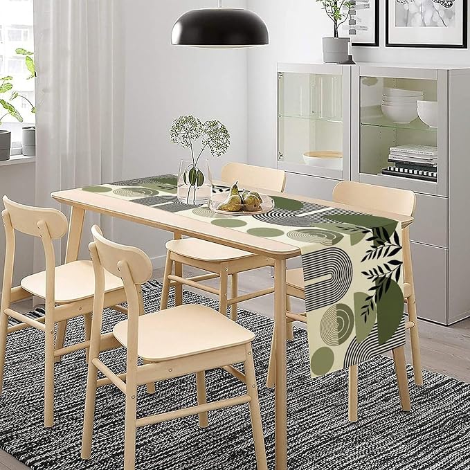 Boho Mid Centruy Table Runner Abstract Sage Green Tropical Leaves Sun Modern - Image 3