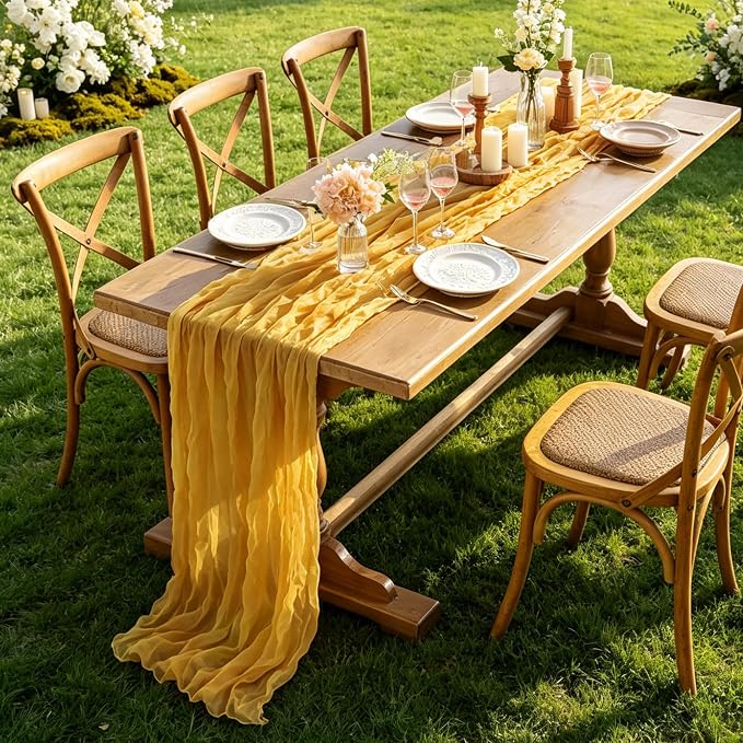 6Pcs Yellow Table Runner, 10FT Rustic Gauze Gold Table Runner 35*120inch Boho - Image 6