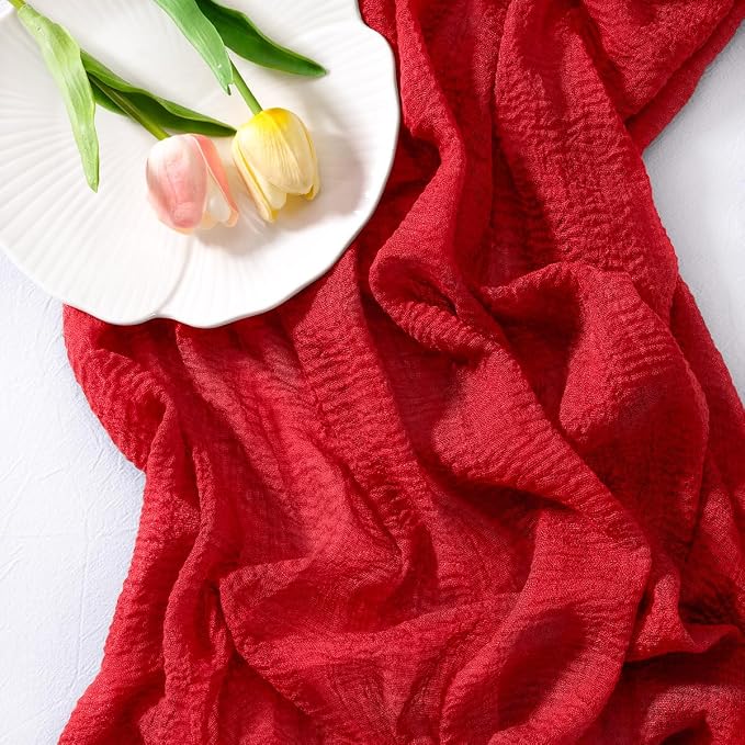 Cheesecloth Table Runner Summer Boho Wedding Shower Party Home Decor | Red 3pcs - Image 2