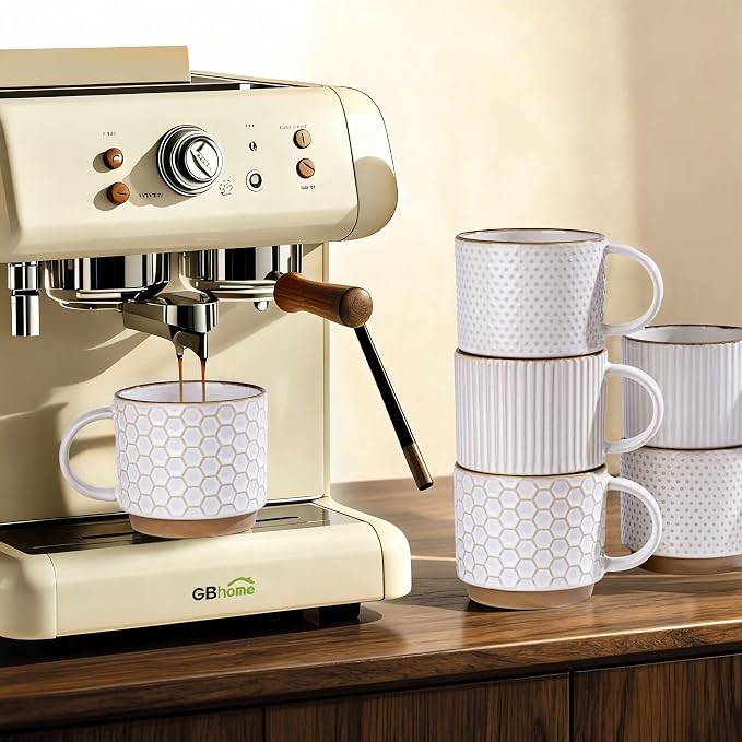 GBhome 12 OZ Stackable Coffee Mugs Set of 4, Ceramic Coffee Cups Set | 4 - Image 6