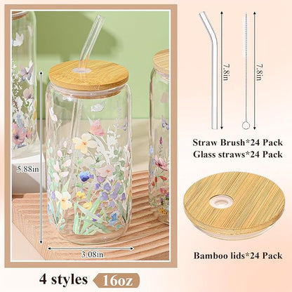 Mumufy 24 Pack Wildflower Glass Cups Gift Aesthetic Cute Glass Cup Tumbler - Image 2