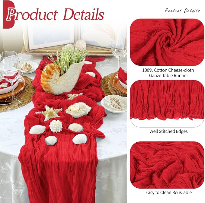6 Pack Red Cheesecloth Table Runner 17x108 Inch Semi Sheer Boho Gauze Cheese - Image 5