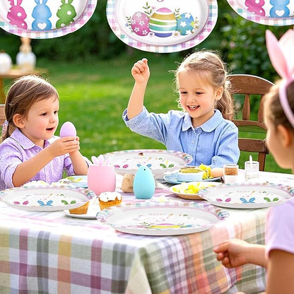 50 Pcs Easter Oval Paper Plates 10" x 12" Large Easter Bunny Egg Plates Heavy Duty Disposable Rabbit Dinner Plate Colorful Plaid Platters for Spring Holiday Baby Shower Birthday Party Supplies Decor