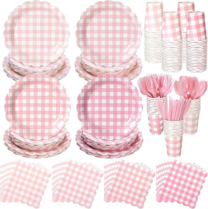 Yaomiao 168 Pcs Pink Gingham Plates and Napkins Pink Princess Party Decor by Yaomiao